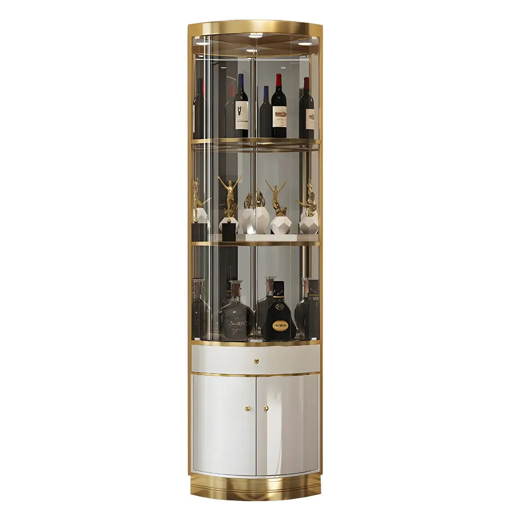 Vitrina de canto glamorosa com vidro brilhante e metal dourado, de formato arredondado