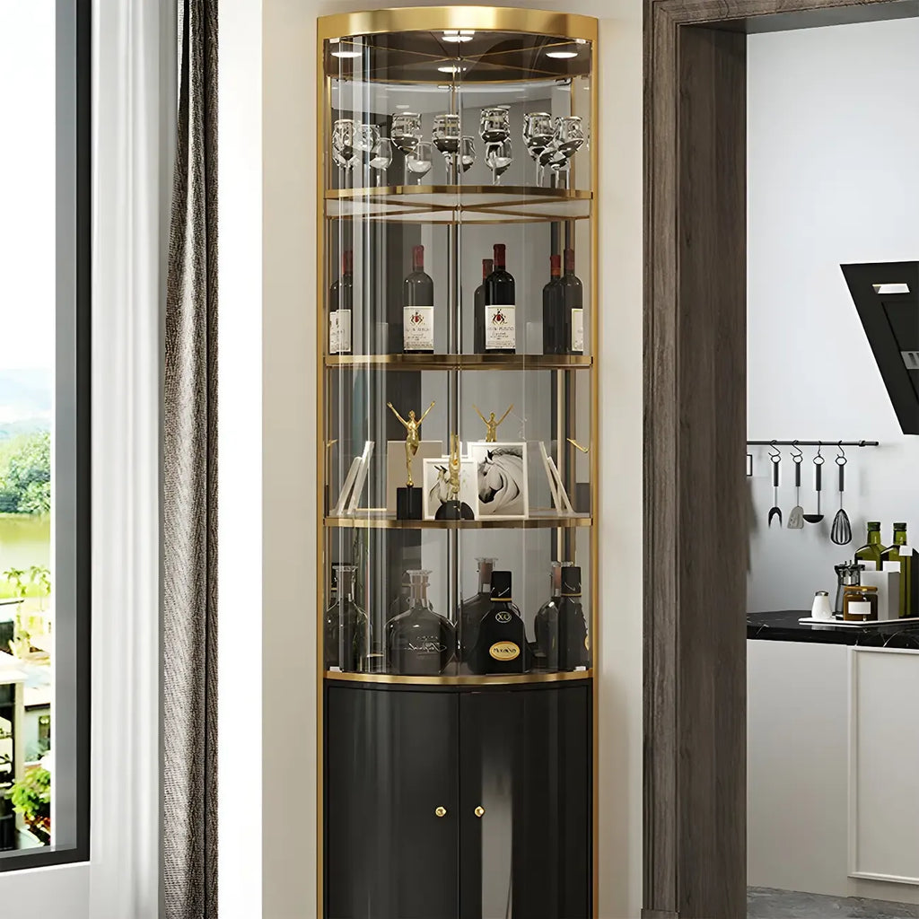 Vitrina de canto glamorosa com vidro brilhante e metal dourado, de formato arredondado