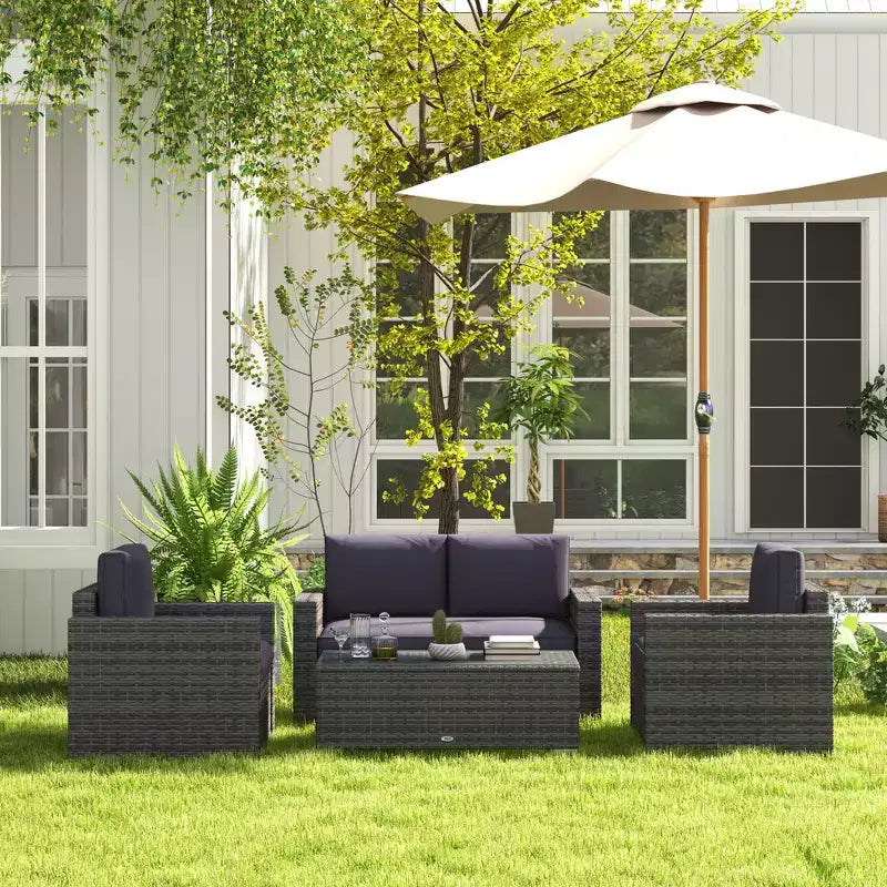 Ensemble de canapé en rotin de 4 pièces, salon de jardin en résine tressée avec causeuse, fauteuils et table basse avec plateau en verre pour l’extérieur