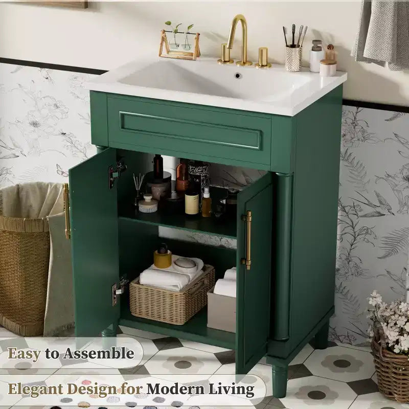 Meuble-lavabo de salle de bains de 24 pouces avec lavabo en céramique, meuble de style Shaker, 2 portes à fermeture amortie et structure en bois massif pour petite salle de bains ou cabinet de toilette