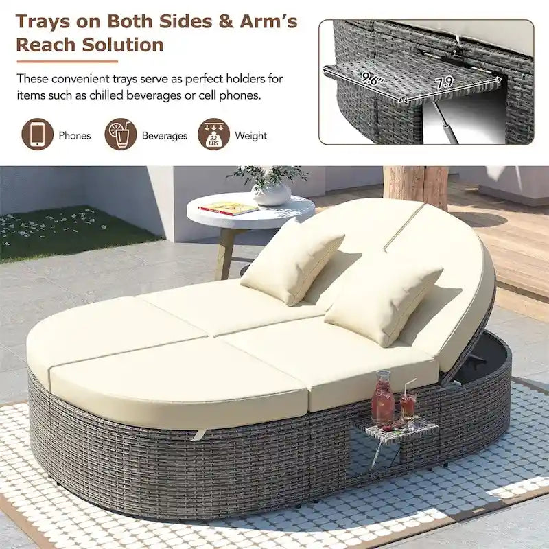Letto prendisole da esterno per patio, daybed per 2 persone con cuscini e guanciali