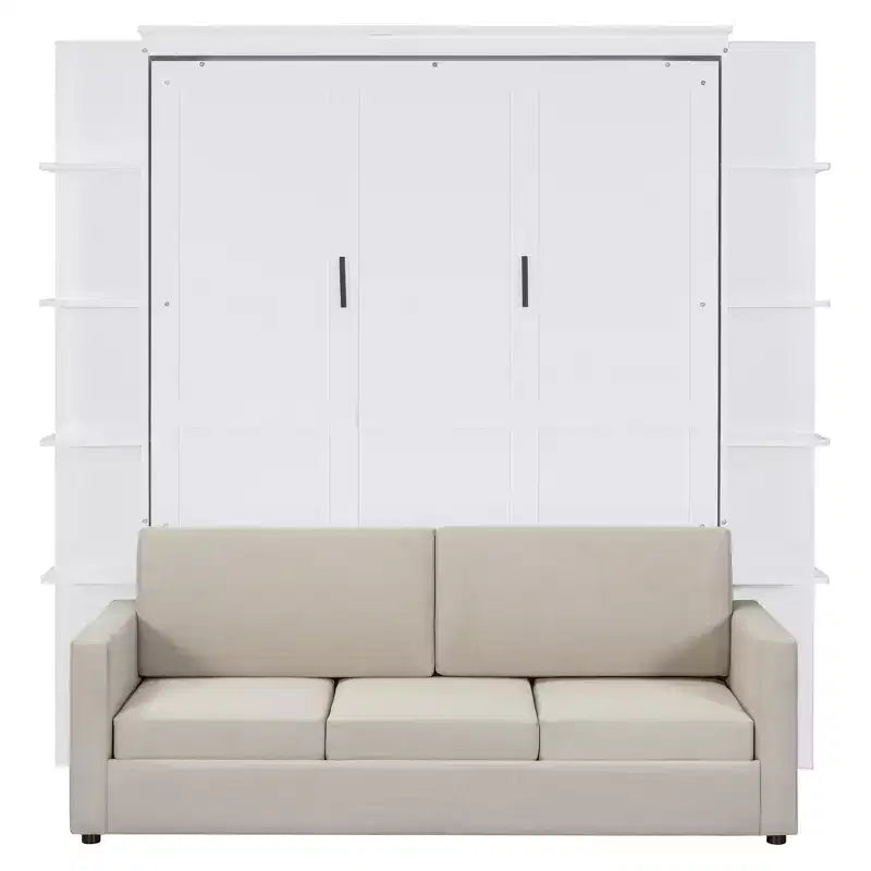 Whisen modernes Murphy-Bett in Queensize mit Holzrahmen, Wandbett mit Sofa und Regalen