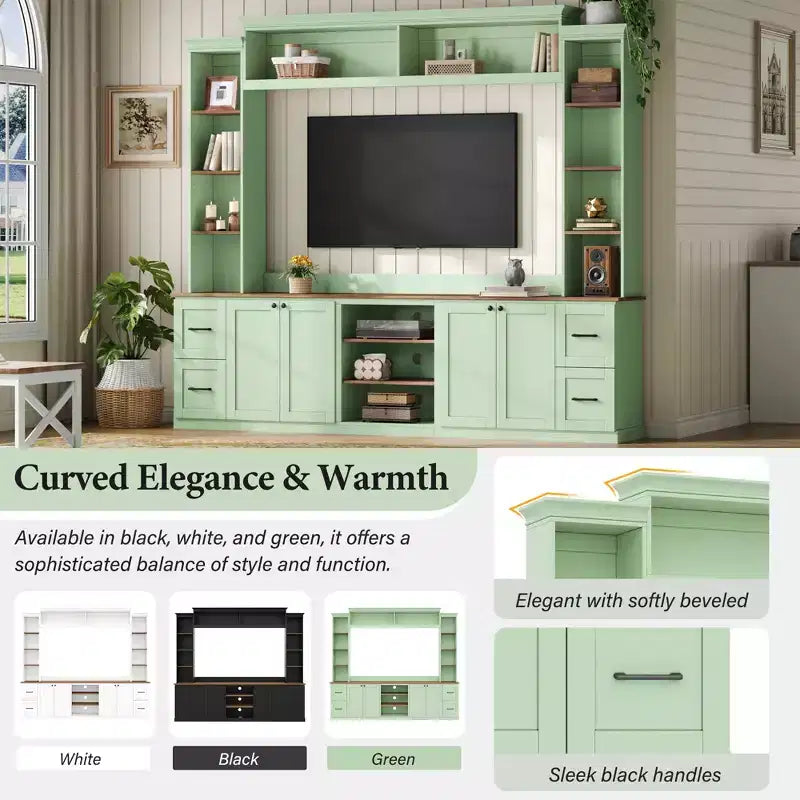 Ensemble mural de centre multimédia de style ferme 4-en-1 ModernLuxe, compatible avec les téléviseurs jusqu'à 70 pouces, meuble TV avec étagères réglables et tiroirs