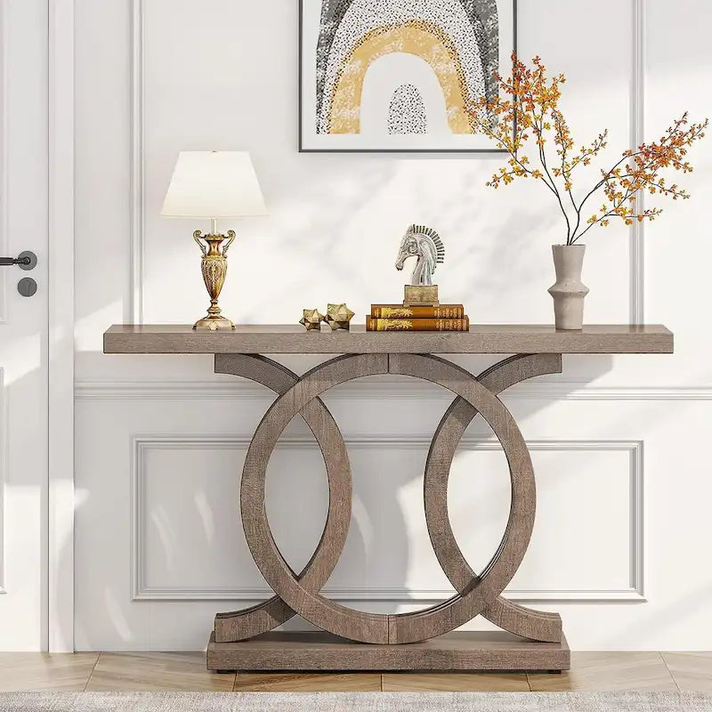Mesa de consola vintage com base geométrica, mesa de madeira para corredor