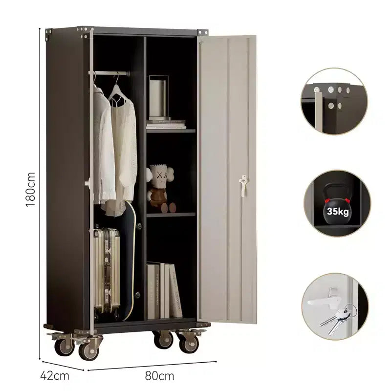 Armoire de rangement de garage à roulettes avec panneau perforé, armoire métallique verrouillable de 72 pouces de hauteur avec 2 portes et 4 étagères réglables pour atelier de garage