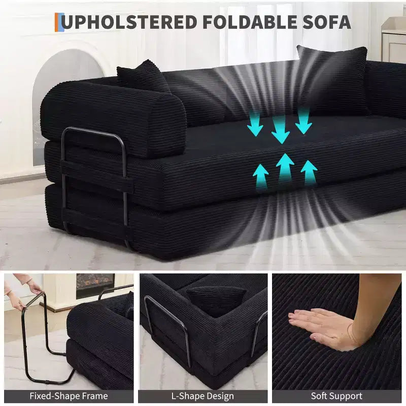 4-in-1-Schlafsofa, 79 Zoll rahmenlose Faltbodenmatratze aus Cord mit Kissen, ohne Montage, Loveseat für kleine Wohnungen