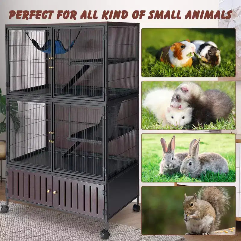 Cage pour petits animaux, cage pour furet : habitat à 5 niveaux de 59 po avec meuble de rangement, comprend un hamac, des roulettes, des rampes amovibles et des bacs faciles à nettoyer