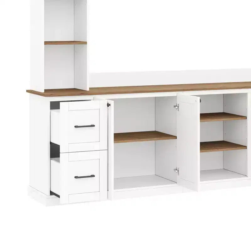 Ensemble mural de centre multimédia de style ferme 4-en-1 ModernLuxe, compatible avec les téléviseurs jusqu'à 70 pouces, meuble TV avec étagères réglables et tiroirs