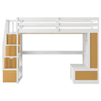 Lit mezzanine double en bois massif naturel et blanc avec bureau et tiroirs