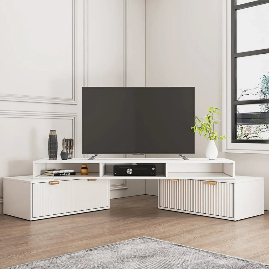 Mobile TV angolare moderno bianco con 2 cassetti e vani portaoggetti aperti