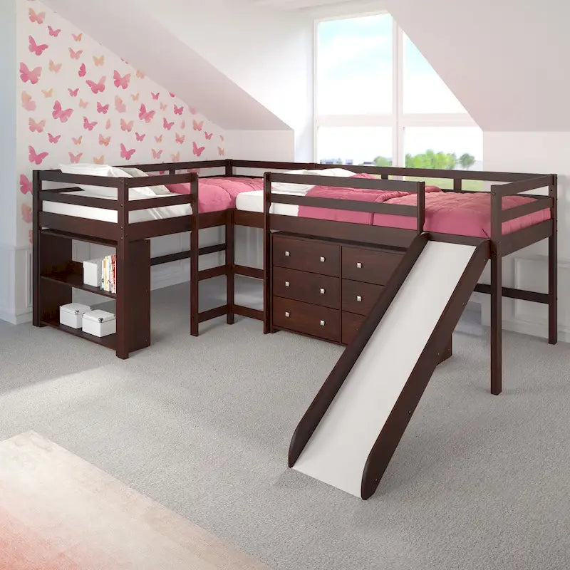 L-förmiges Doppel-Twin-Hochbett-Set mit Rutsche in dunklem Cappuccino