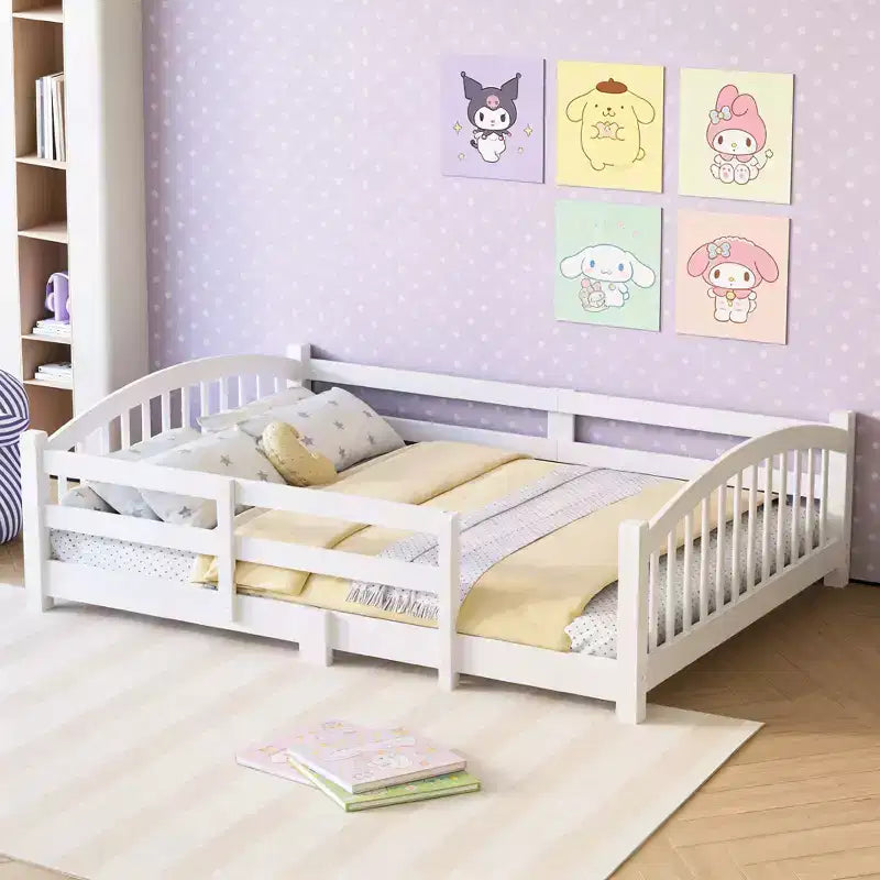 Lit Montessori bas Luxystar, taille double, avec barrières de sécurité et tête de lit