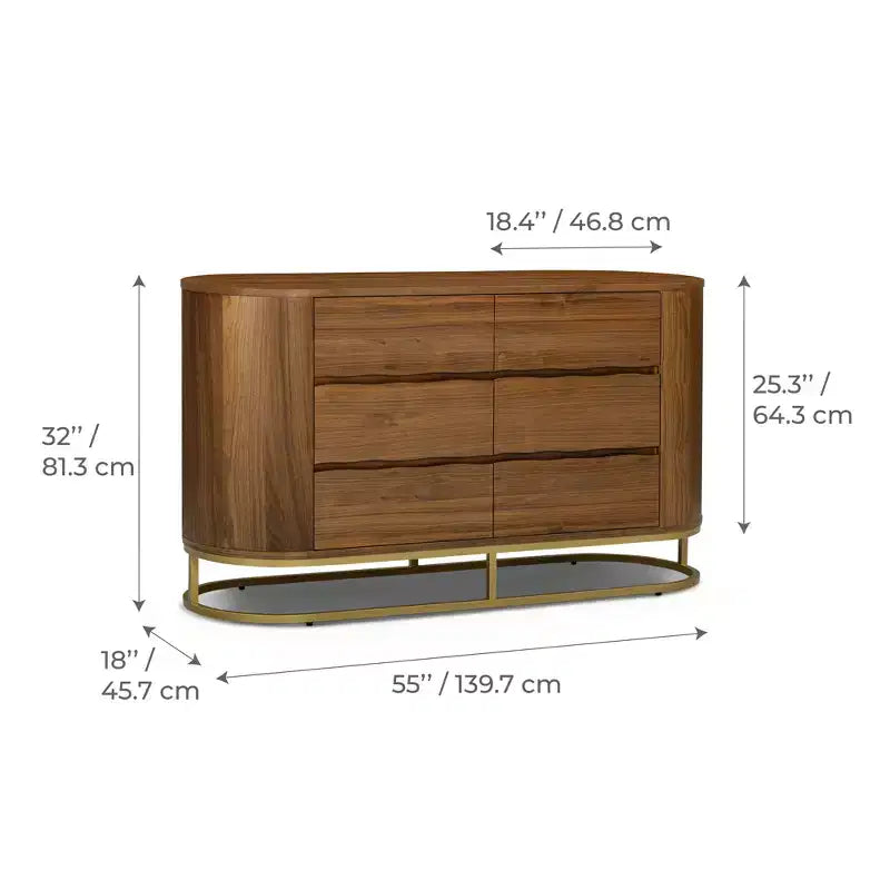 Moderner Schrank mit 6 Schubladen, Baumkanten-Design, Metallgestell und robuster Konstruktion aus Mischholz