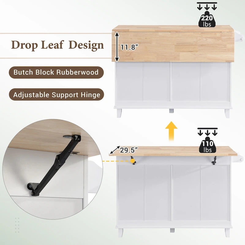 Ensemble îlot de cuisine TOPMAX avec rallonge rabattable et 2 places assises, ensemble table à manger avec étagère réglable, tiroirs et porte-serviettes