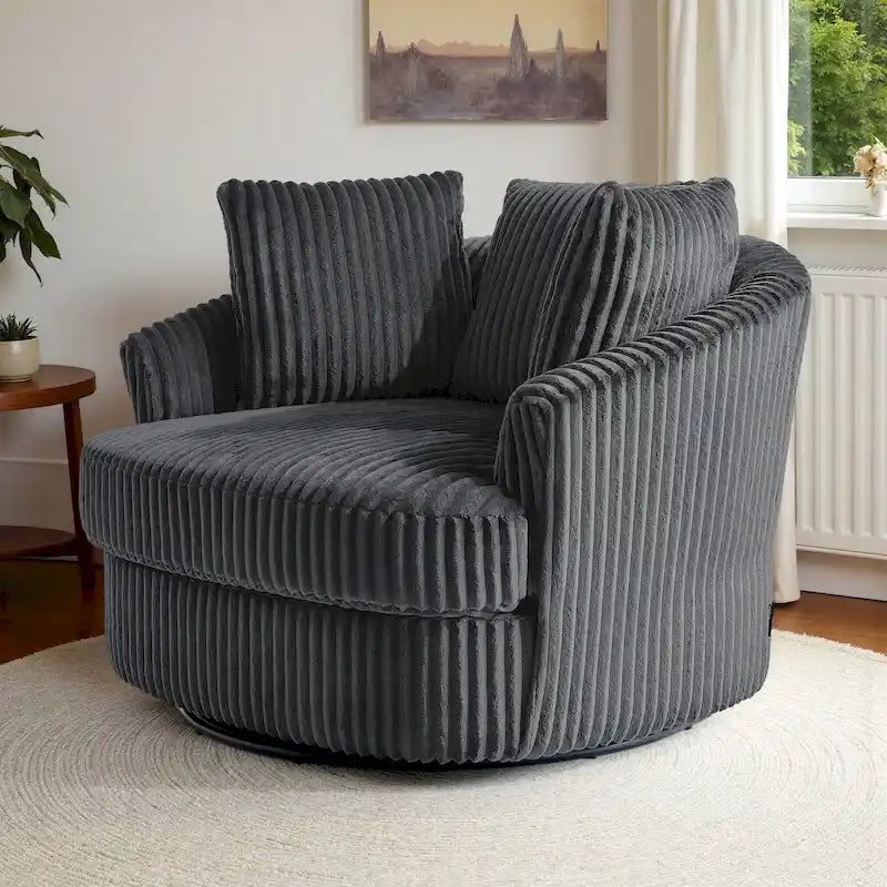 Fauteuil pivotant tonneau surdimensionné de 43 W en velours côtelé moelleux avec accoudoirs encastrés