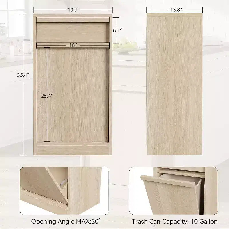 Kippbarer Mülleimer aus natürlicher Eiche, Mülleimer mit Stauraum und Schublade, versteckter Müllschrank, Wäschekorb für Küche, Esszimmer und Wohnzimmer