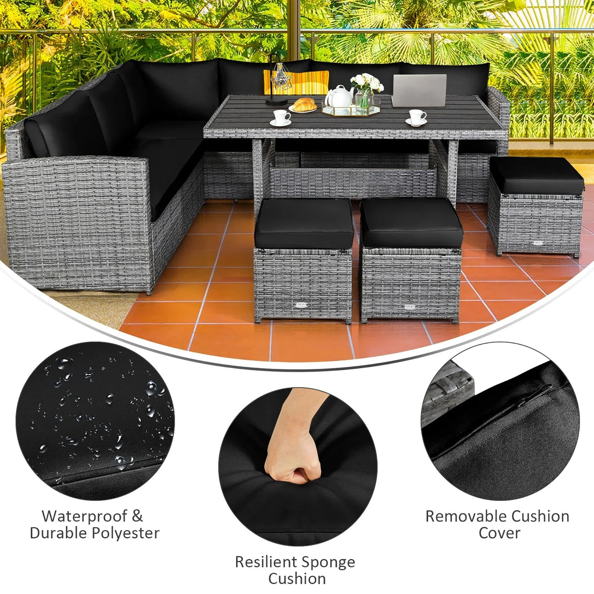 Costway 7-teiliges Dining-Set aus Polyrattan für die Terrasse mit Ecksofa, Couch und Hocker – Details anzeigen