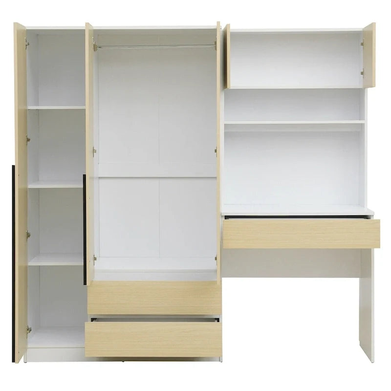 3-in-1-Kleiderschrank mit Schminktisch, Schreibtisch-Set, Schlafzimmerschrank mit 2 Schubladen, 3 Türen und Stauraum
