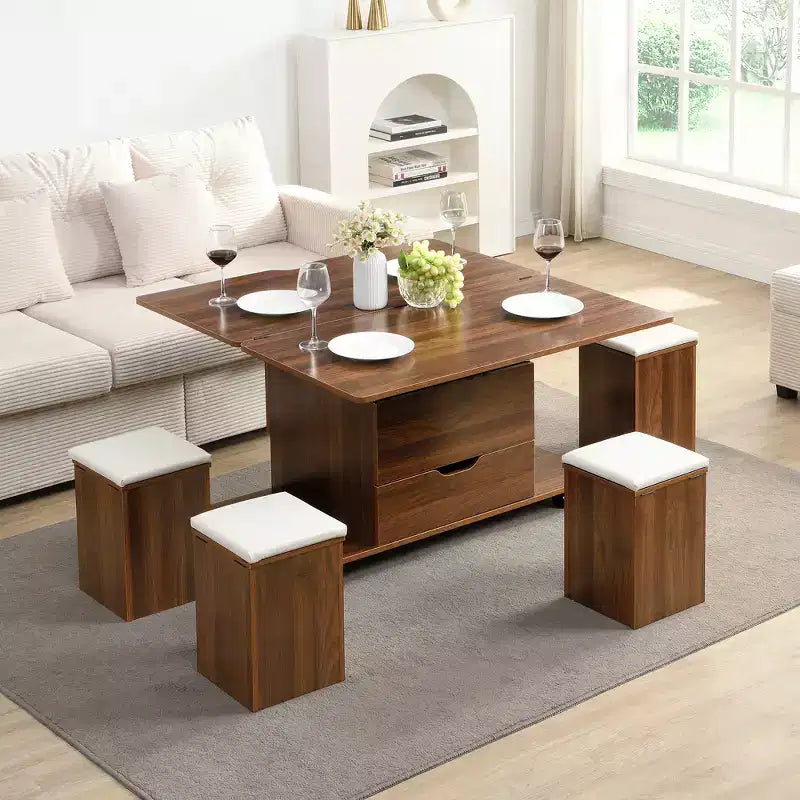 Mesa de centro moderna multifunções com tampo elevável, arrumação oculta, 4 bancos e rodízios, perfeita para espaços de estar modernos