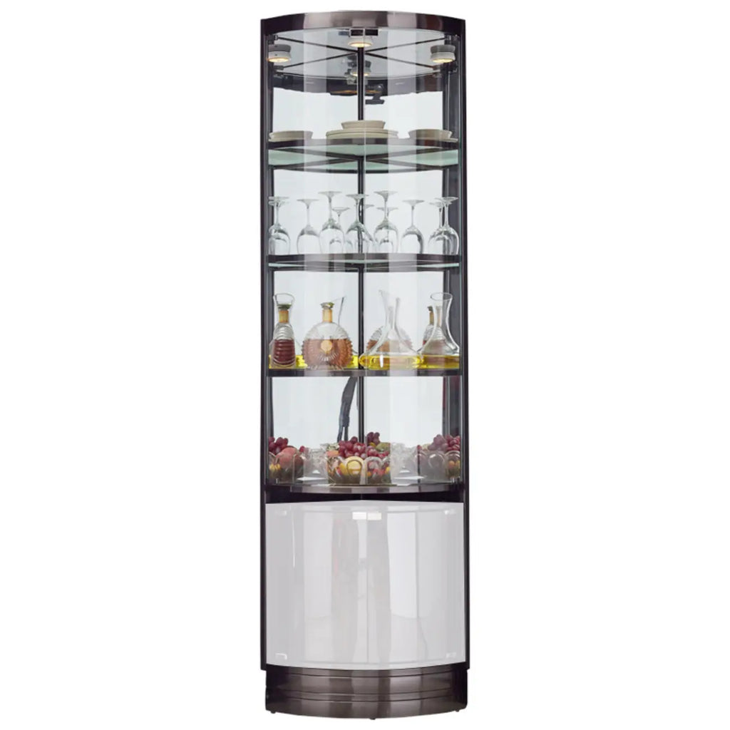 Vitrine de canto para garrafeira e arrumação com prateleiras de vidro e metal em vários níveis