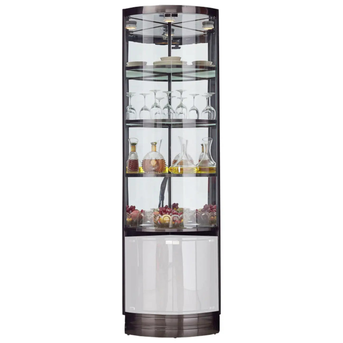 Vitrine de canto para garrafeira e arrumação com prateleiras de vidro e metal em vários níveis