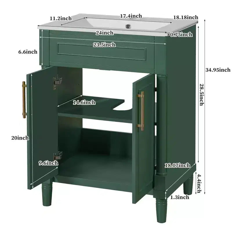 Meuble-lavabo de salle de bains de 24 pouces avec lavabo en céramique, meuble de style Shaker, 2 portes à fermeture amortie et structure en bois massif pour petite salle de bains ou cabinet de toilette