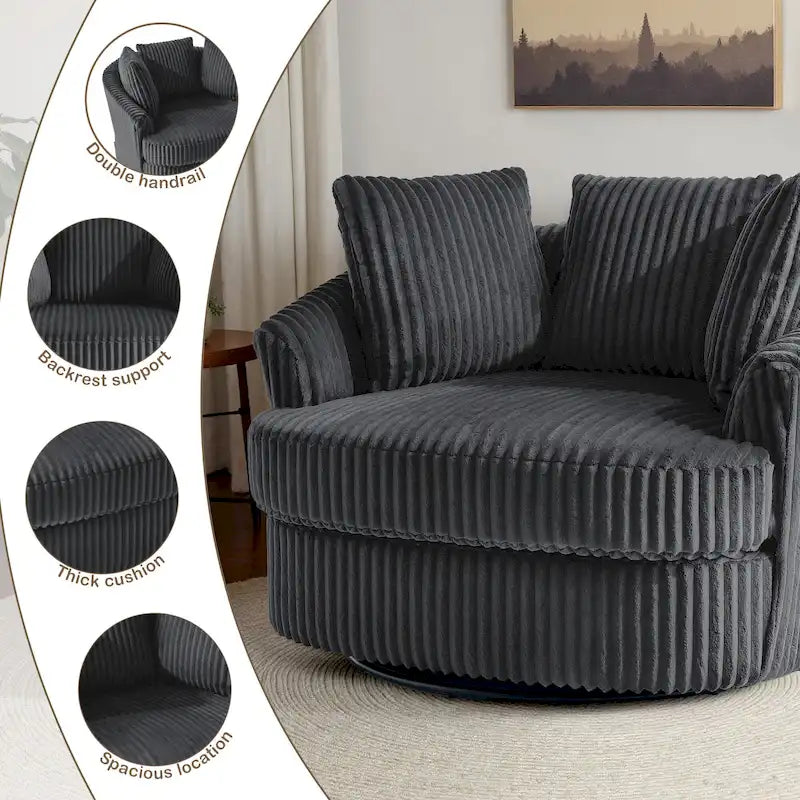 Fauteuil pivotant tonneau surdimensionné de 43 W en velours côtelé moelleux avec accoudoirs encastrés