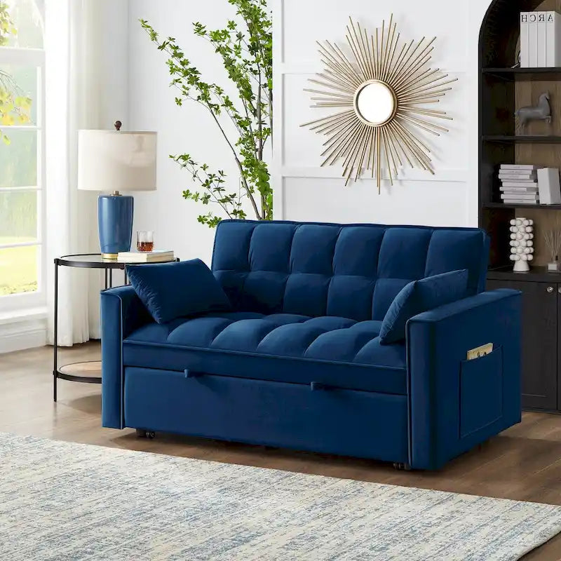 Sofá-cama de 2 lugares 4 em 1 com braços e bolsos de arrumação, sofá-cama extraível multifunções com encosto ajustável