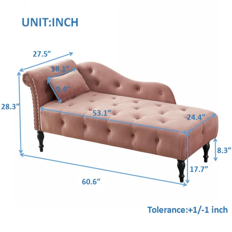 Moderne chaise longue van 60,6 inch met fluwelen bekleding, gecapitonneerde knopen, massief houten poten en sierspijkers