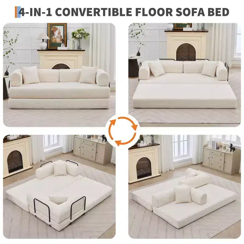 4-in-1-Schlafsofa, 79 Zoll rahmenlose Faltbodenmatratze aus Cord mit Kissen, ohne Montage, Loveseat für kleine Wohnungen