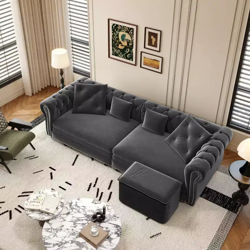 Whisen fluwelen 3-in-1 kingsize slaapbank en converteerbare slaapbank met verplaatsbare hocker, gecapitonneerd ontwerp