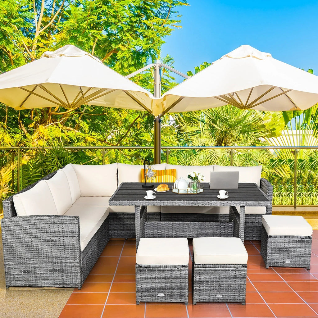 Costway 7-teiliges Dining-Set aus Polyrattan für die Terrasse mit Ecksofa, Couch und Hocker – Details anzeigen