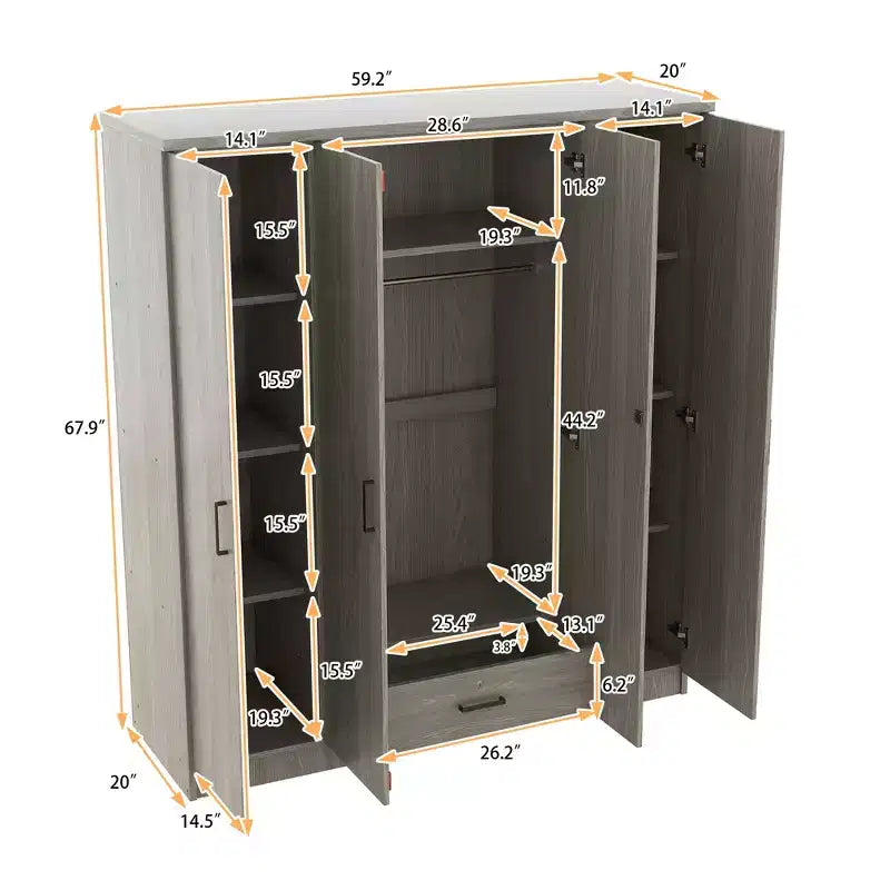Armoire-penderie en bois à 4 portes avec tringle, 1 tiroir et étagères de rangement