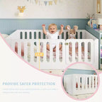 Letto singolo Montessori bianco da pavimento con sponde di sicurezza e porticina ??Legno massello, 1 bambino