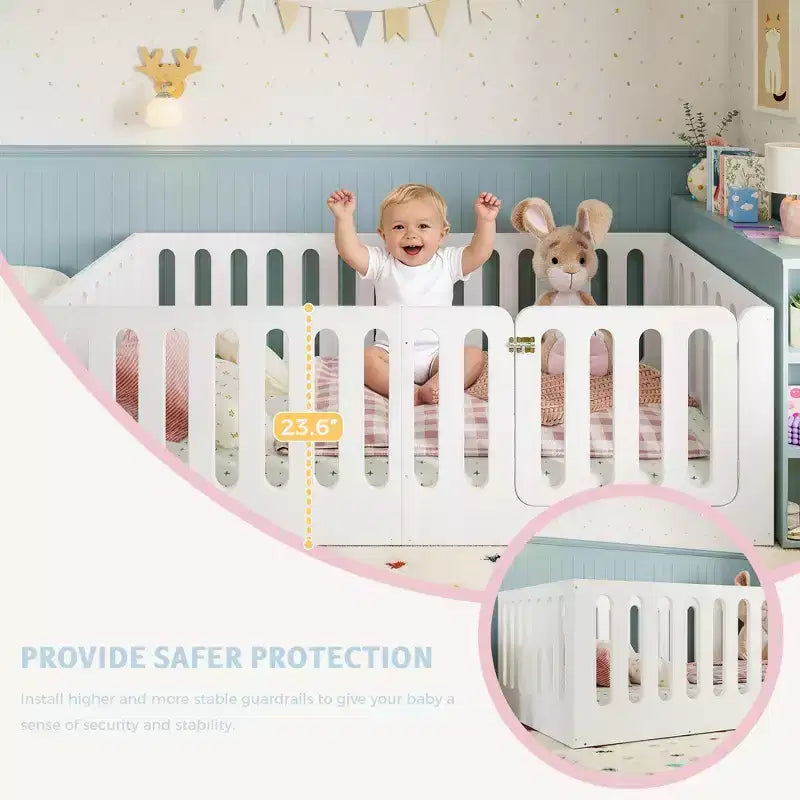 Letto singolo Montessori bianco da pavimento con sponde di sicurezza e porticina ??Legno massello, 1 bambino