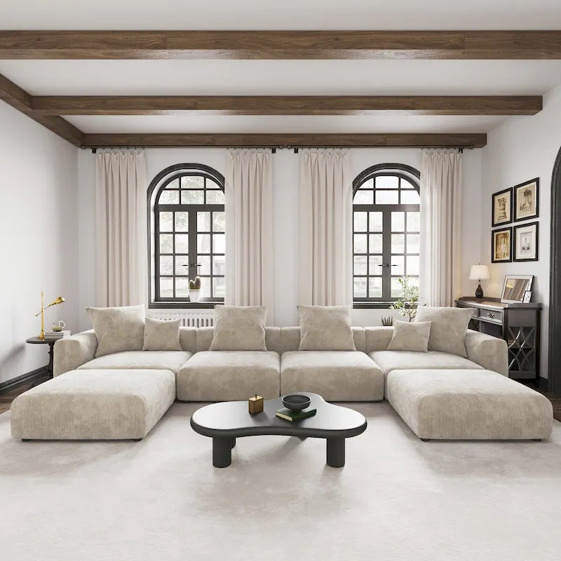 Großes modulares Ecksofa mit Cordbezug, U-förmig, 4-Sitzer, mit 2 Hockern und 5 Kissen