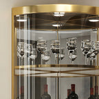 Vitrina de canto glamorosa com vidro brilhante e metal dourado, de formato arredondado