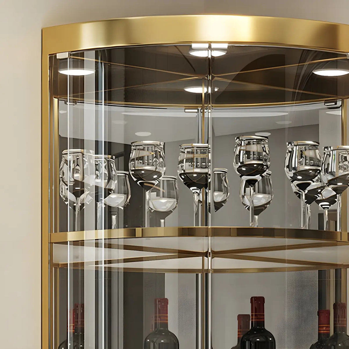 Vitrina de canto glamorosa com vidro brilhante e metal dourado, de formato arredondado