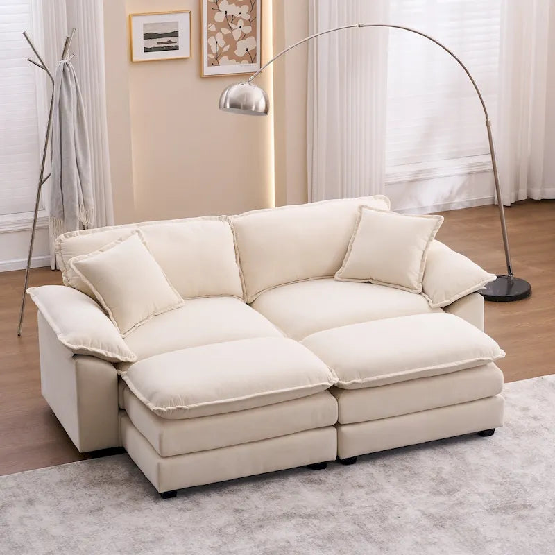 Zweisitzer-Sofa mit 2 Sitzkissen, 2 Kissen und 2 Hockern, bequemes Sofa – tiefes Wohnzimmer-Sofa, modulares Sofa
