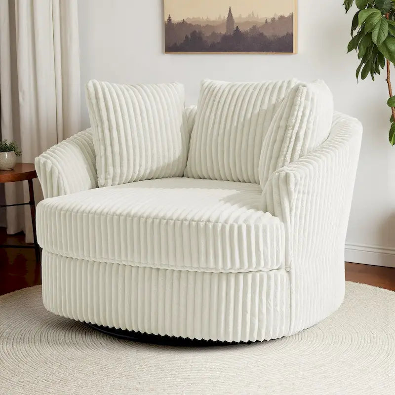 Fauteuil pivotant tonneau surdimensionné de 43 W en velours côtelé moelleux avec accoudoirs encastrés