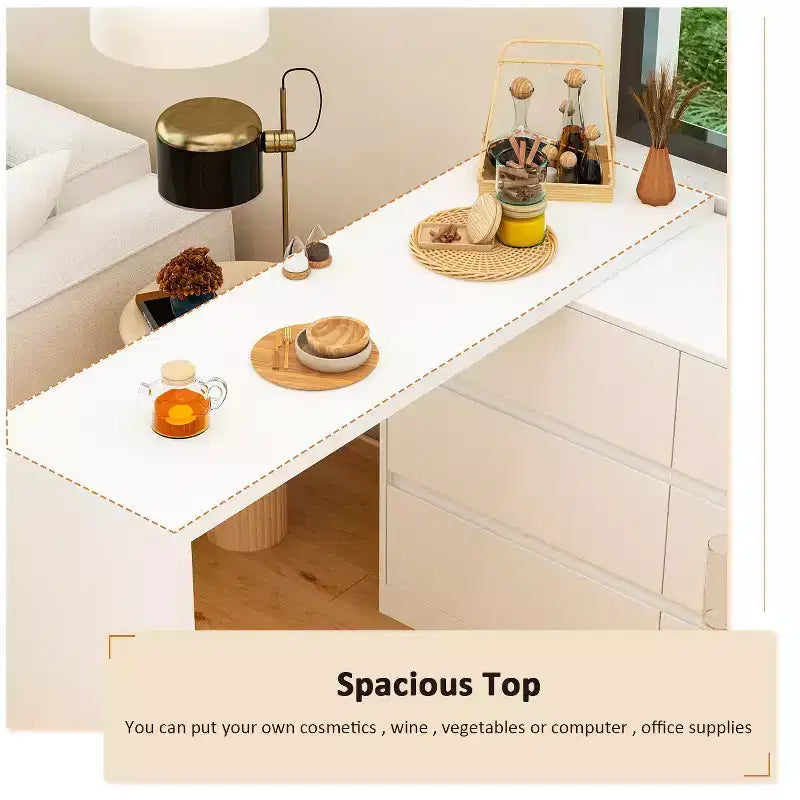 Drehbares/ausziehbares Smart-Buffet-Sideboard mit 6 Schubladen, verlängerter Tischplatte, rutschfester Matte, drehbarem Esstisch und Kücheninsel-Speisekammer