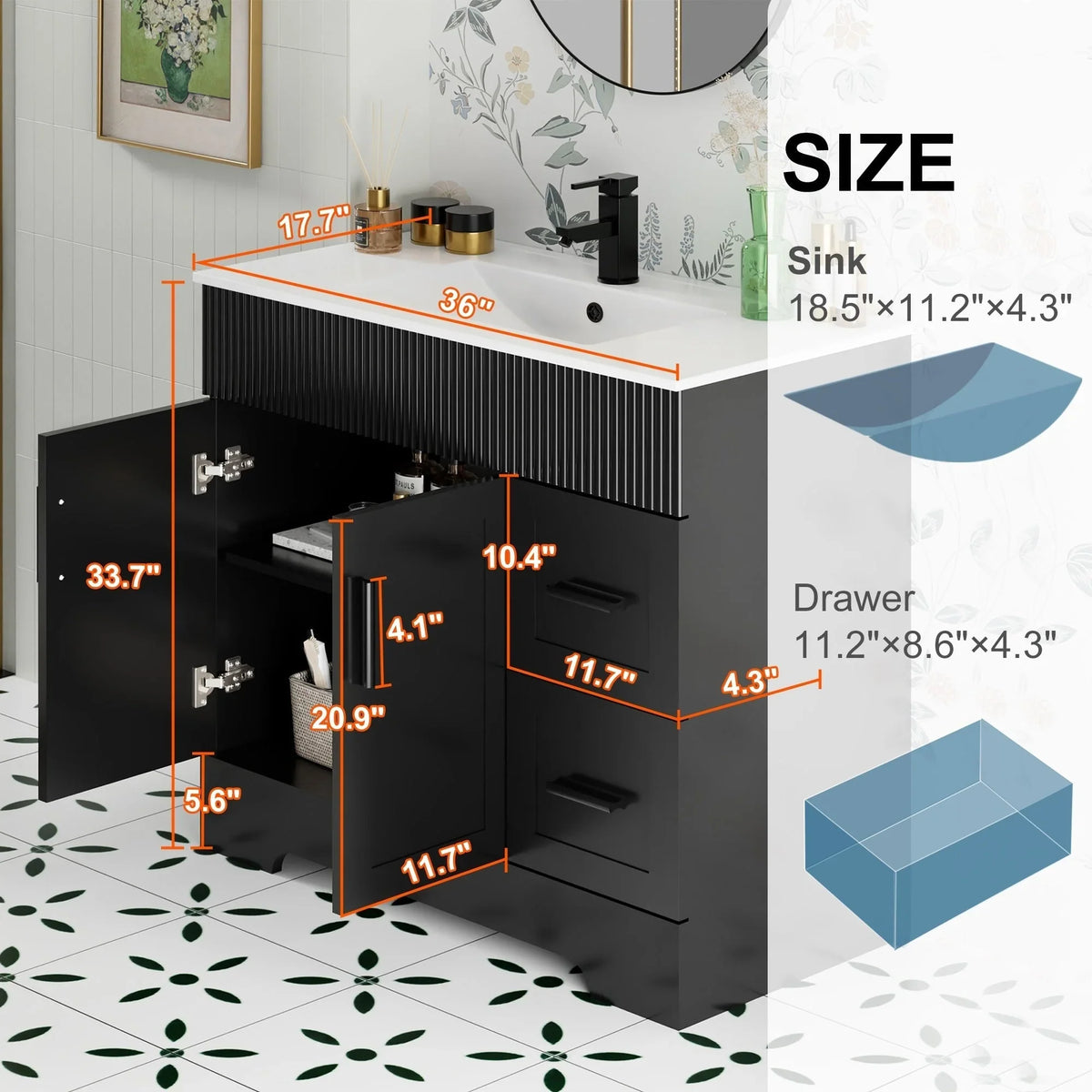 Wavy Line Badezimmermöbel-Set mit Waschbecken und Wasserhahn, 30/36/48 Zoll