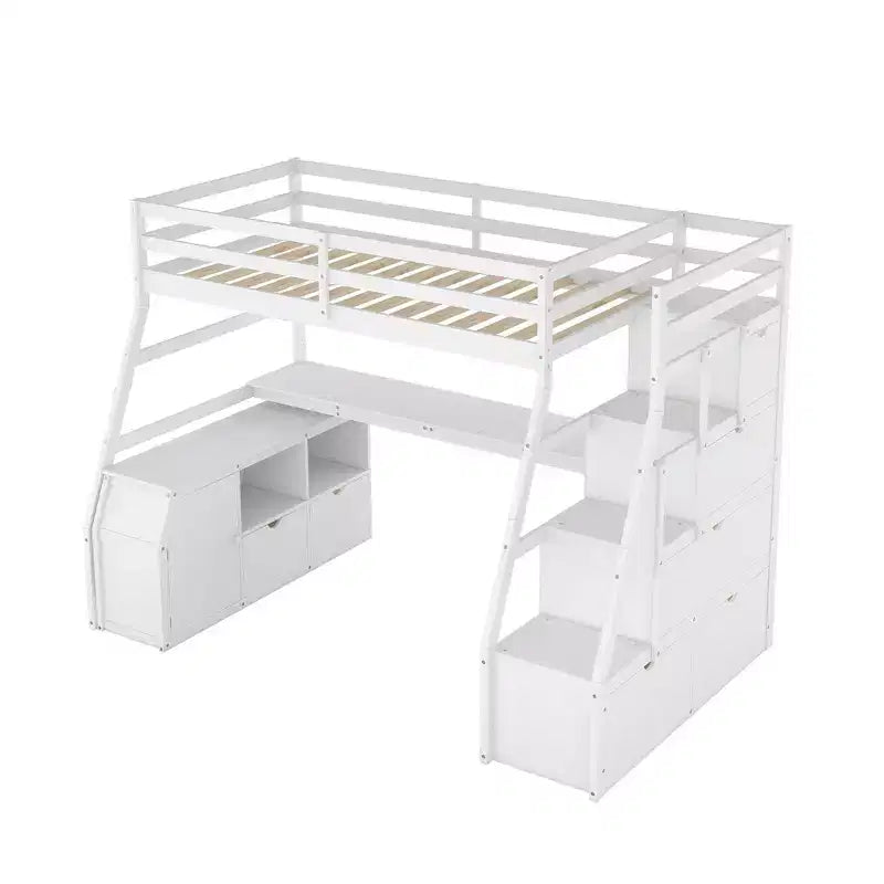 Łóżko piętrowe typu loft w rozmiarze twin z 7 szufladami, 2 półkami, szafką i biurkiem dla dzieci i nastolatków