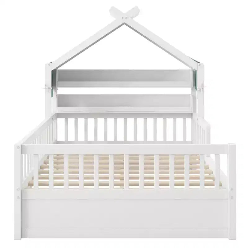 Cama-casa de madeira ModernLuxe para colchão individual/cama de casal com cabeceira com arrumação, estrutura de cama infantil em pinho maciço com grades de proteção