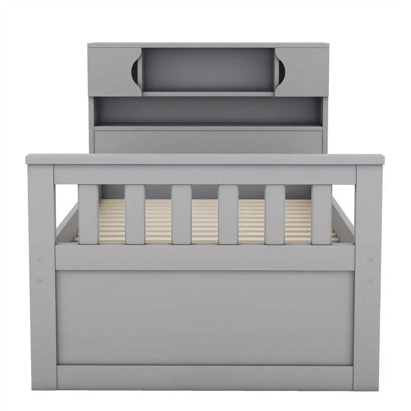 Letto a piattaforma Captain matrimoniale o singolo con 4 cassetti e ripiani contenitori, struttura in legno massello con testiera libreria contenitore