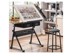 Table de dessin réglable en hauteur, table à dessin inclinable de 0 à 75°, bureau d’artiste pour adultes avec 2 tiroirs de rangement, avec tabouret