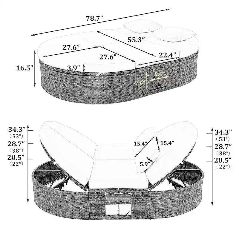 Letto prendisole da esterno per patio, daybed per 2 persone con cuscini e guanciali