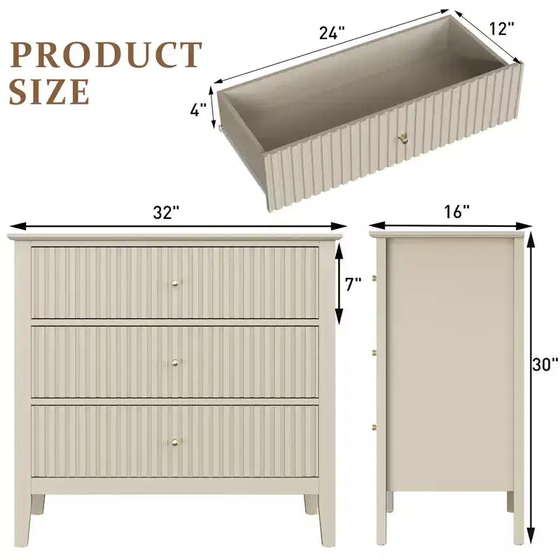 Comò Heynemo a 3 cassetti, comodino in legno verniciato alto 30 pollici con contenitore, ampia cassettiera moderna con guide a sfere