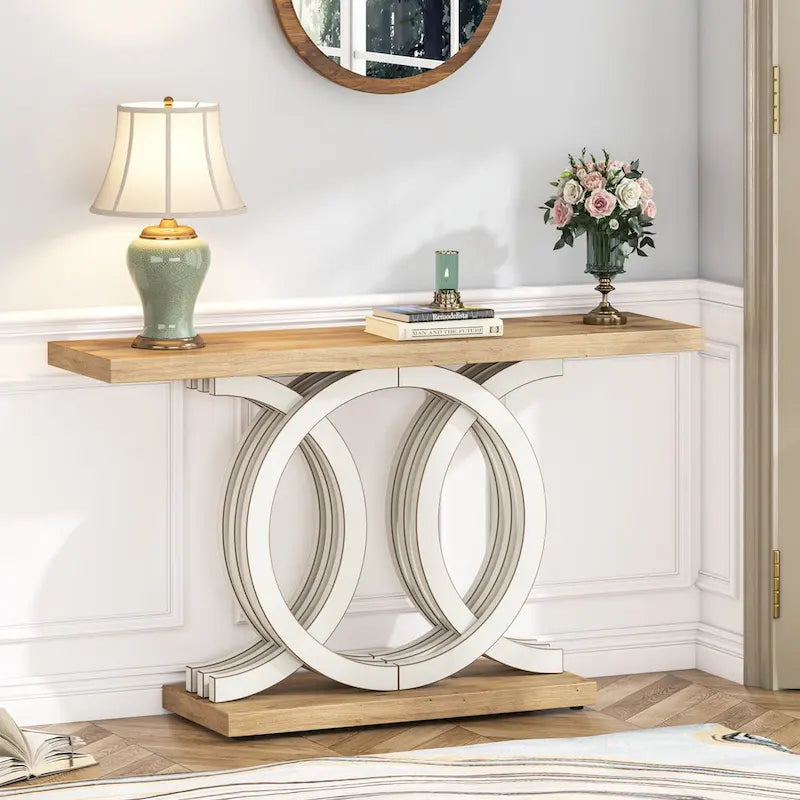 Mesa de consola vintage com base geométrica, mesa de madeira para corredor