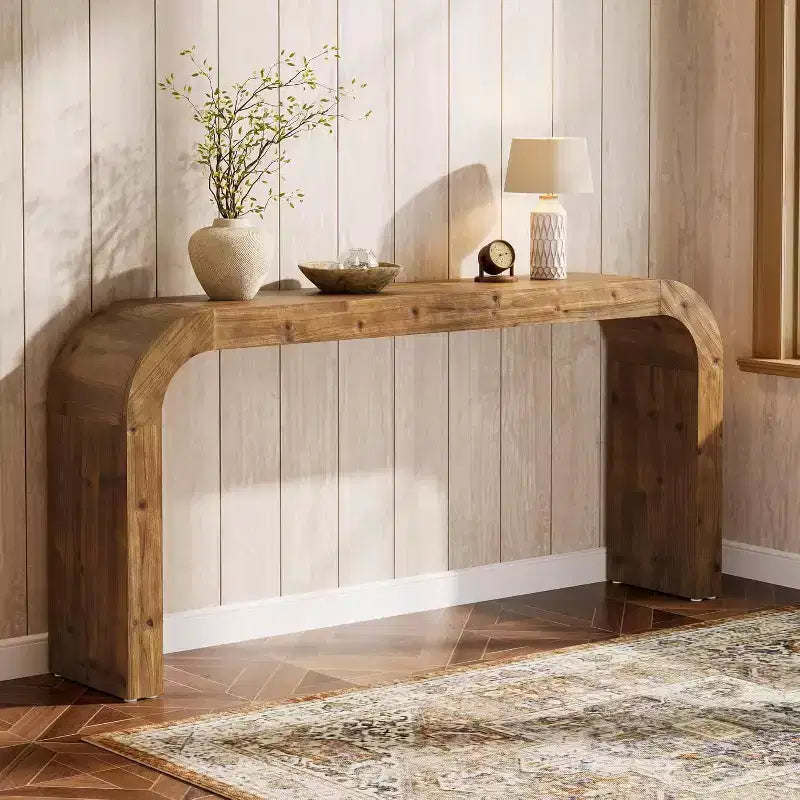 Tavolo consolle Lantine da 70,87 pollici in legno massello, tavolo da divano in stile rustico con angoli a cascata per corridoio, soggiorno e dietro il divano, legno naturale
